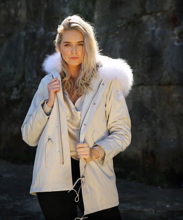 GUG Beige Grey Fur Parka Jacket - Image 9