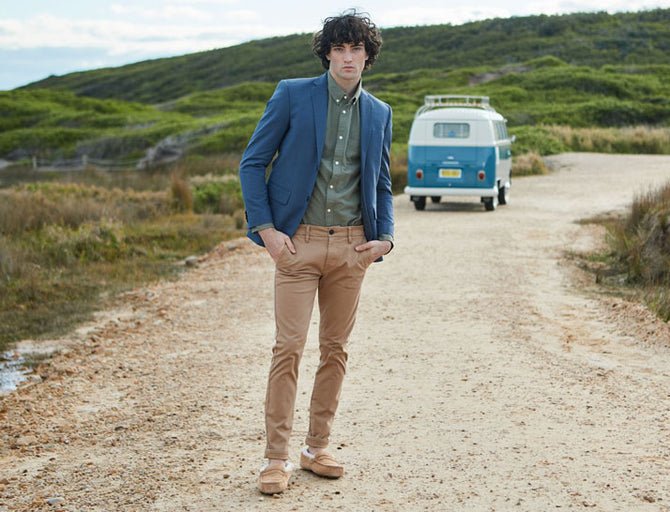 Man wearing UGG boots on a country road